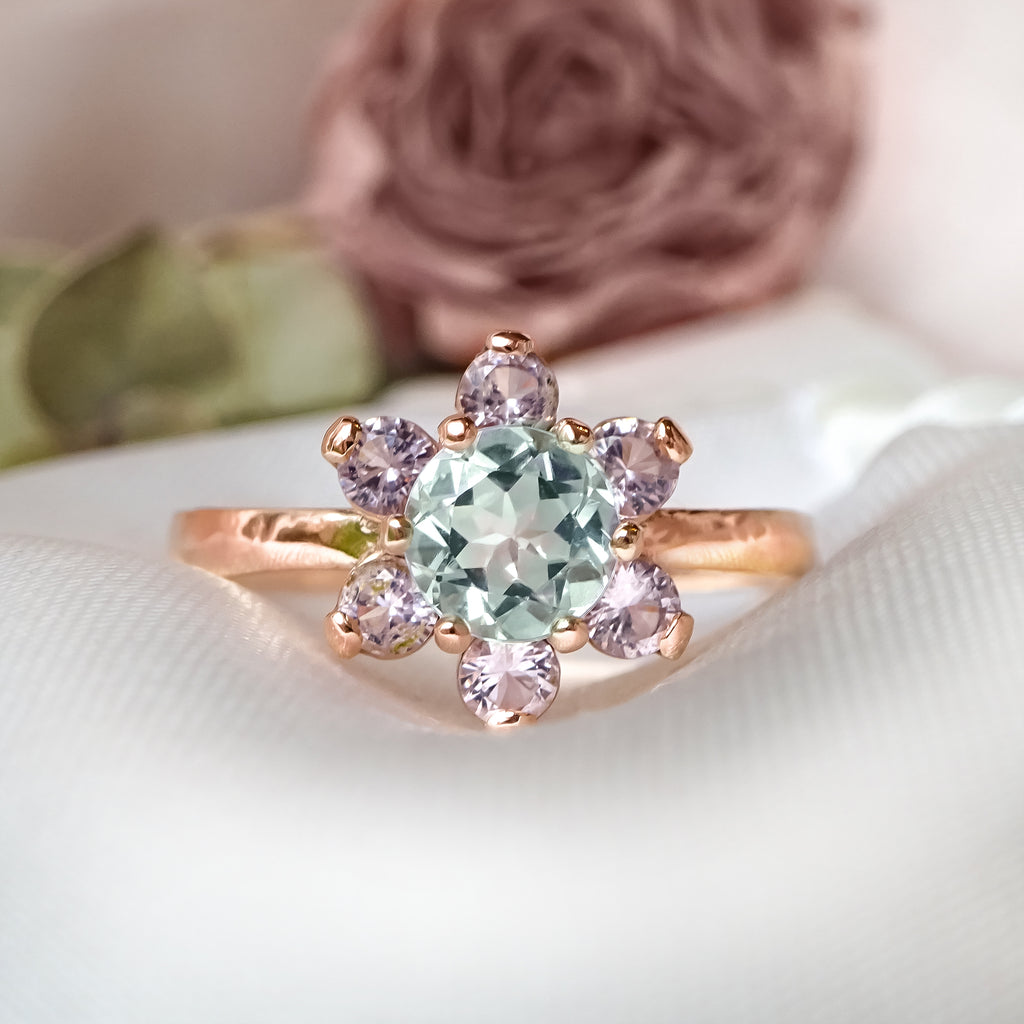 Princess Green Sapphire & Diamonds Cluster Flower Engagement ring in 9ct / 18ct solid Gold - Bijoux de Chagall