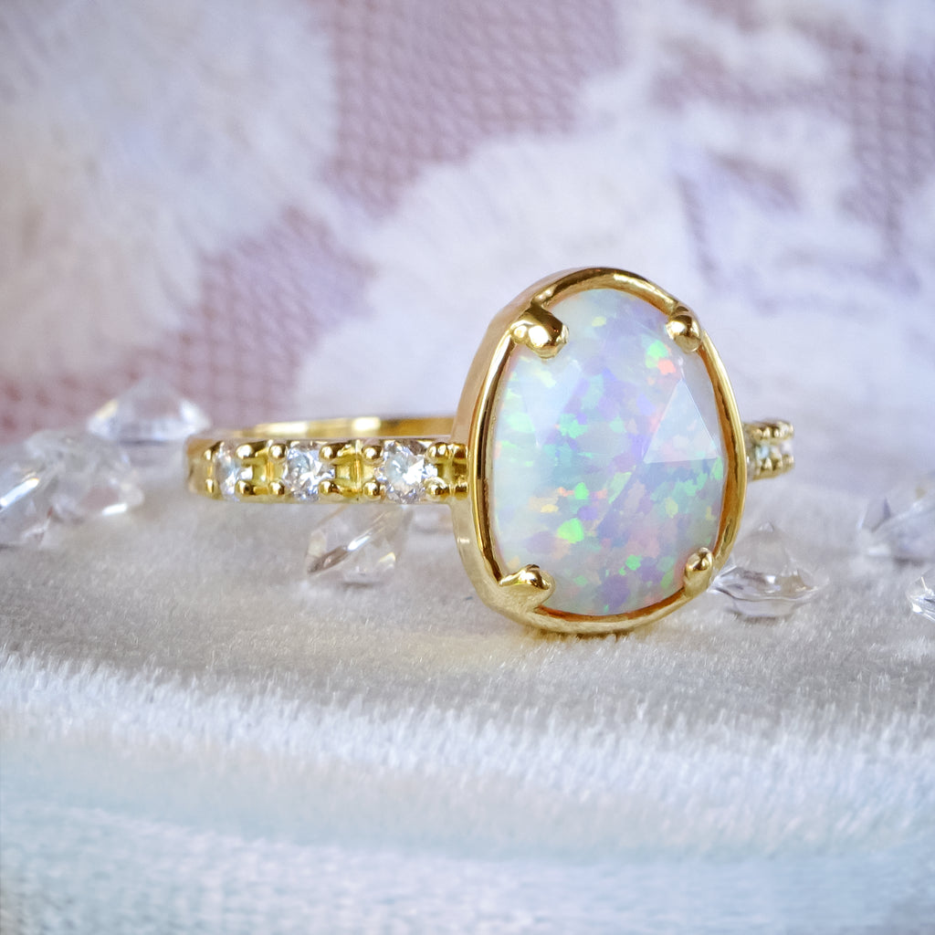 Beautiful White Opal Diamond Unique Engagement ring in 9ct / 18ct Gold. - Bijoux de Chagall