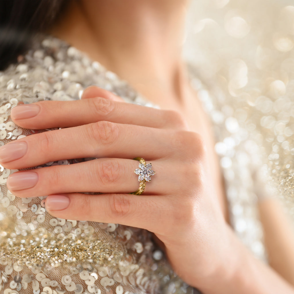 Vintage Princess Flower Diamond Cluster Engagement ring on a model - Rings - Bijoux de Chagall