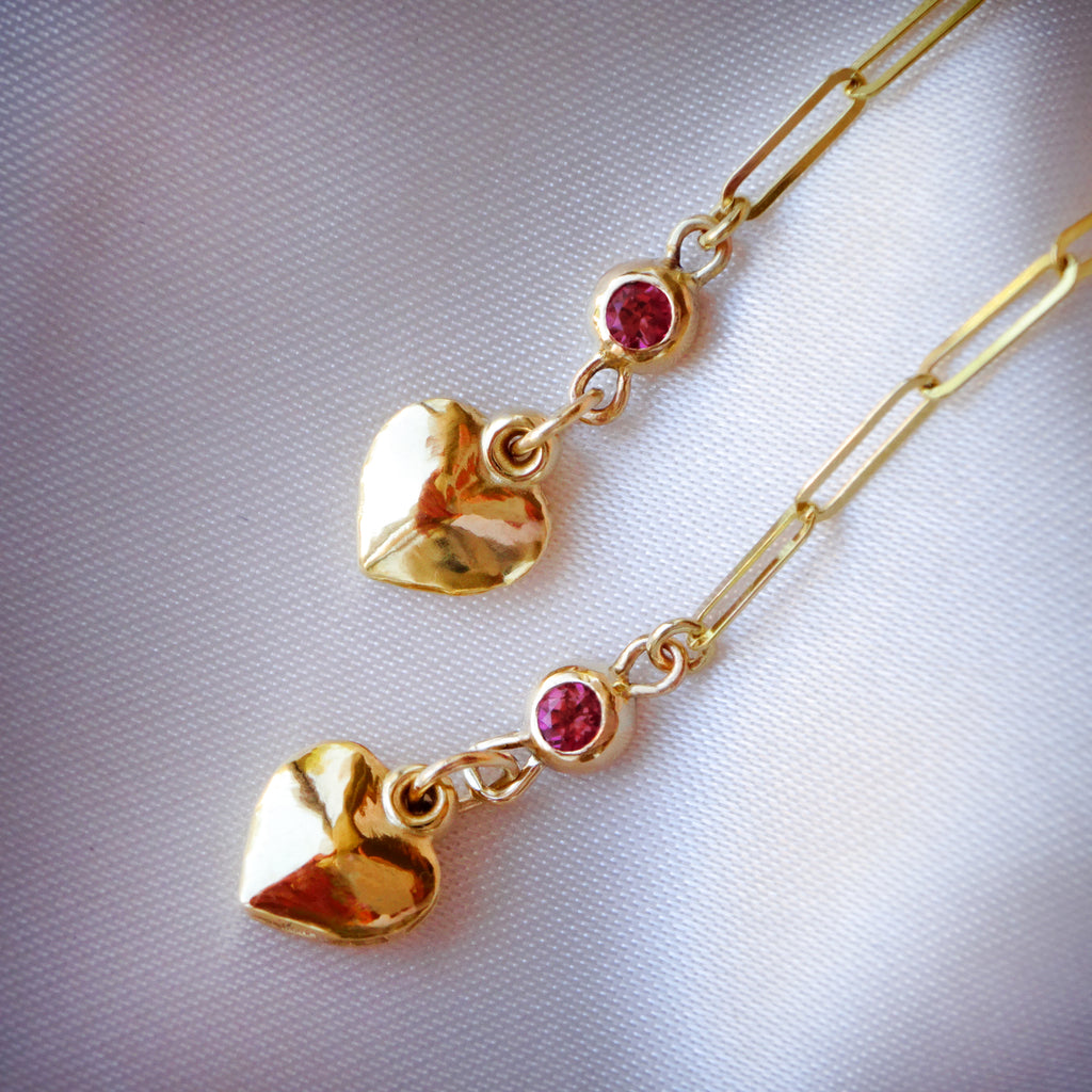 Cute Ruby Gold Heart Paperclip Chain dangle Earrings in 9ct / 14ct Gold - Bijoux de Chagall