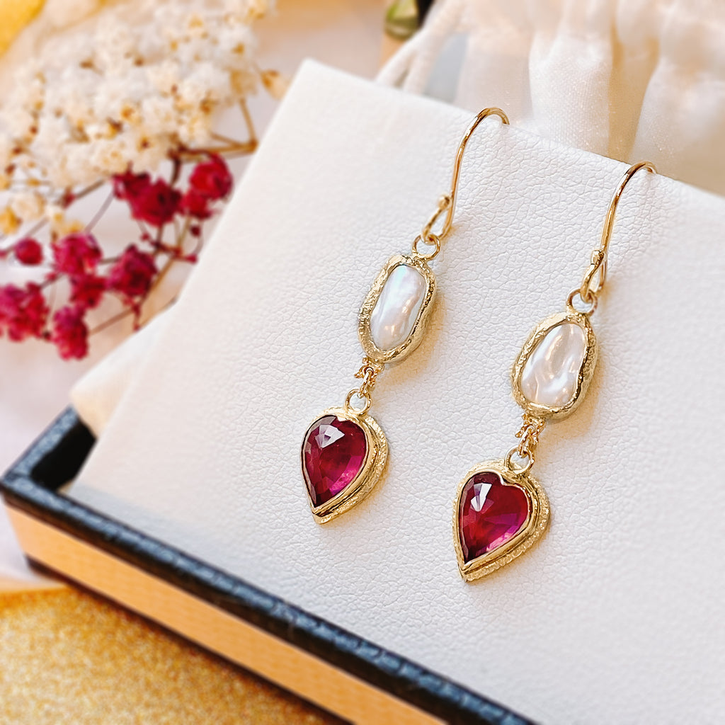 Natural Ruby Heart & Keshi Pearls Dangle Earrings in 9ct / 18ct Gold - Bijoux de Chagall
