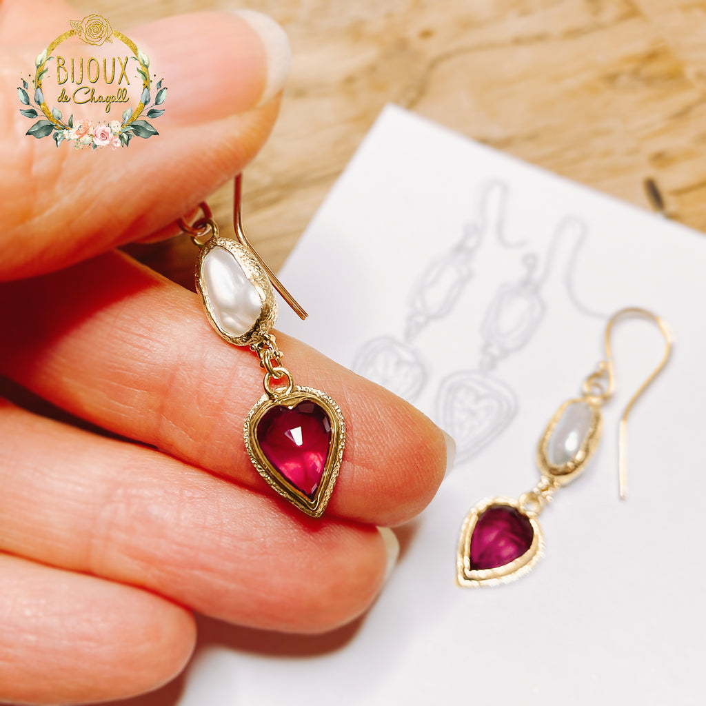 CUSTOM: Natural Ruby Heart & Keshi Pearls Dangle Earring in 9ct Gold - Bijoux de Chagall