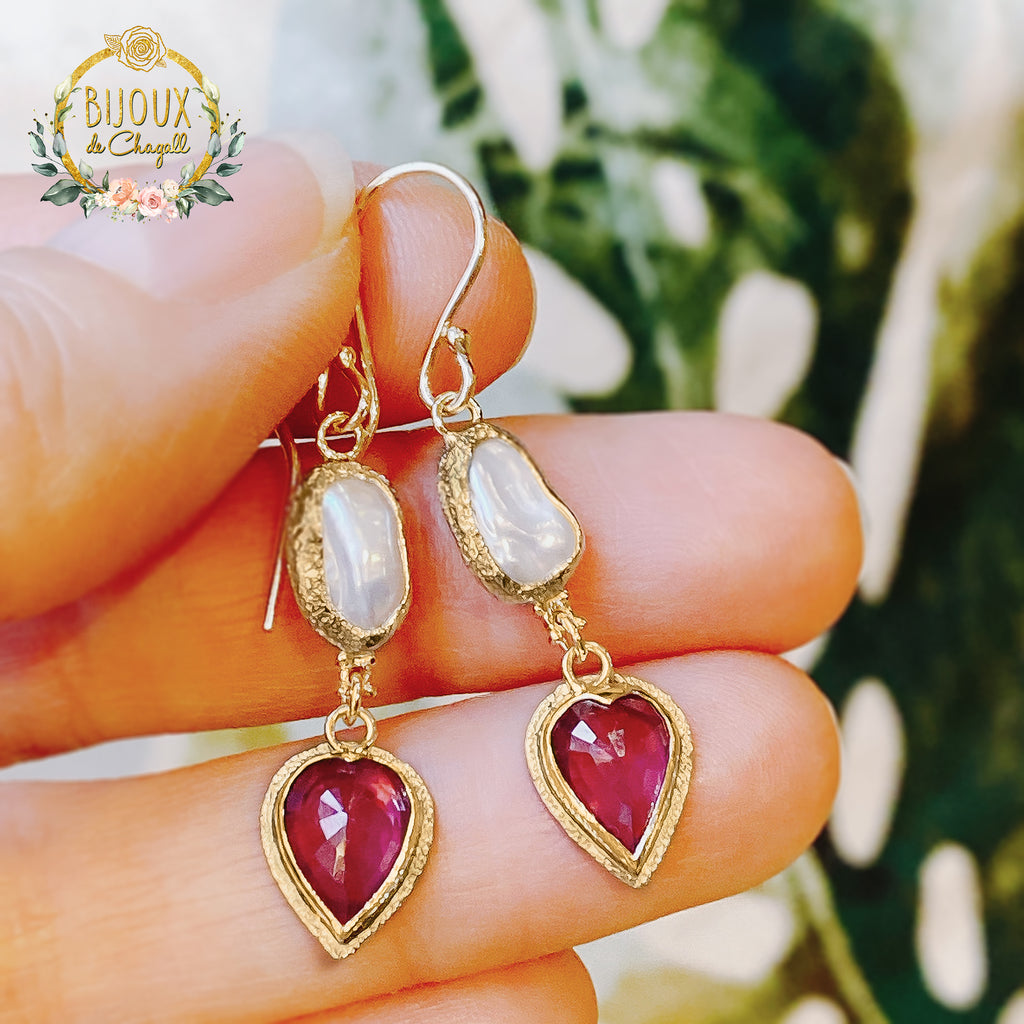 Natural Ruby Heart & Keshi Pearls Dangle Earrings in 9ct / 18ct Gold - Bijoux de Chagall