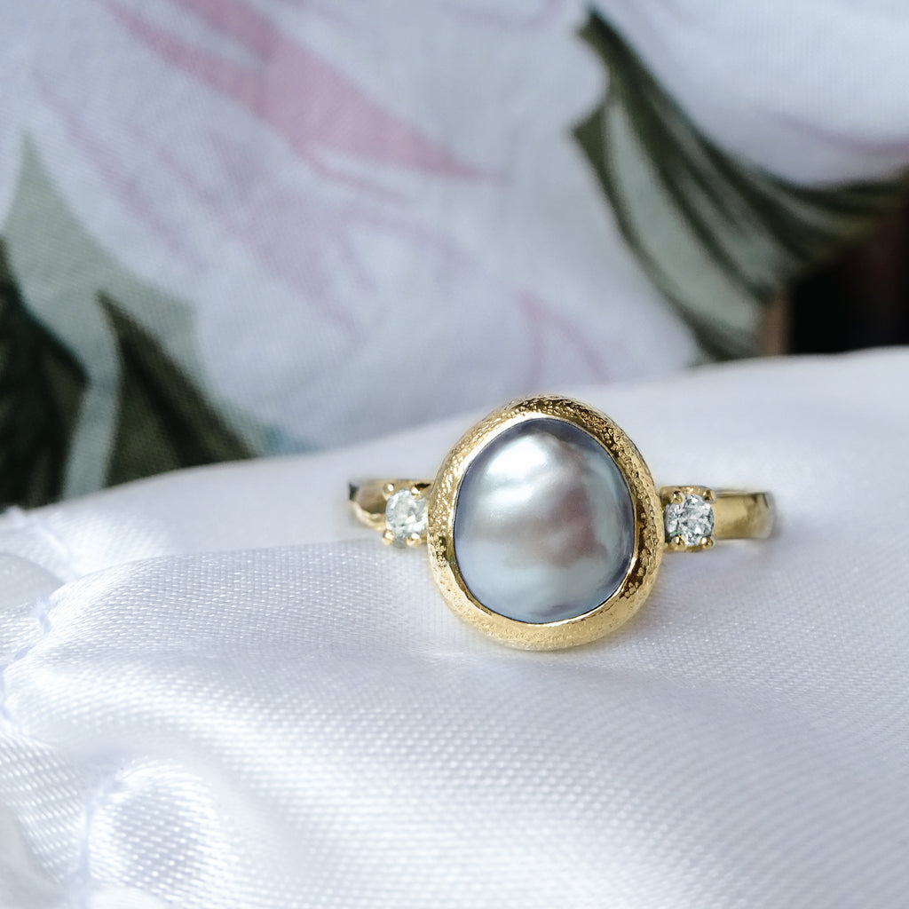Luminous Silver Grey Keshi Pearl & Diamond Engagement ring in 18ct / 9ct Gold - Bijoux de Chagall