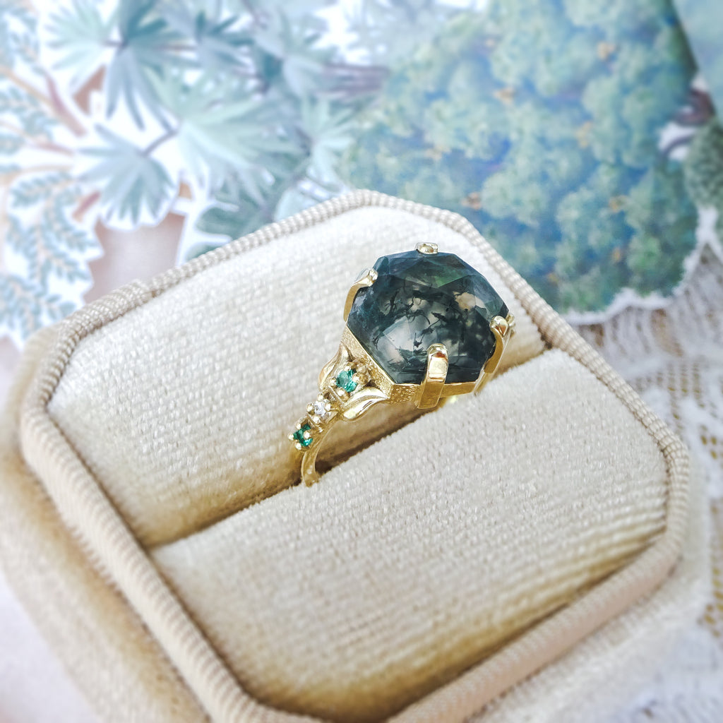 Hexagon Moss Agate Leaf Design Unique Engagement ring with Emeralds & Diamonds in 9ct / 18ct Gold - Bijoux de Chagall