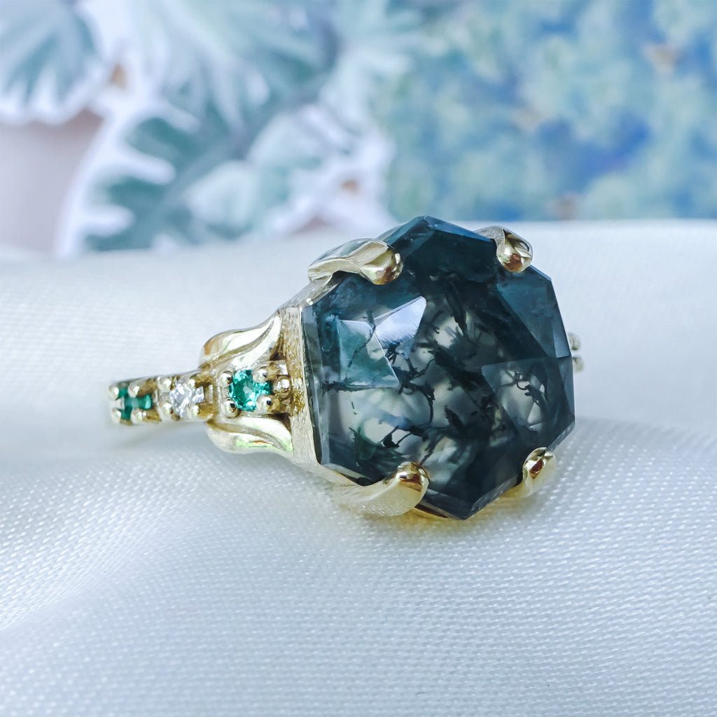 Hexagon Moss Agate Leaf Design Unique Engagement ring with Emeralds & Diamonds in 9ct / 18ct Gold - Bijoux de Chagall