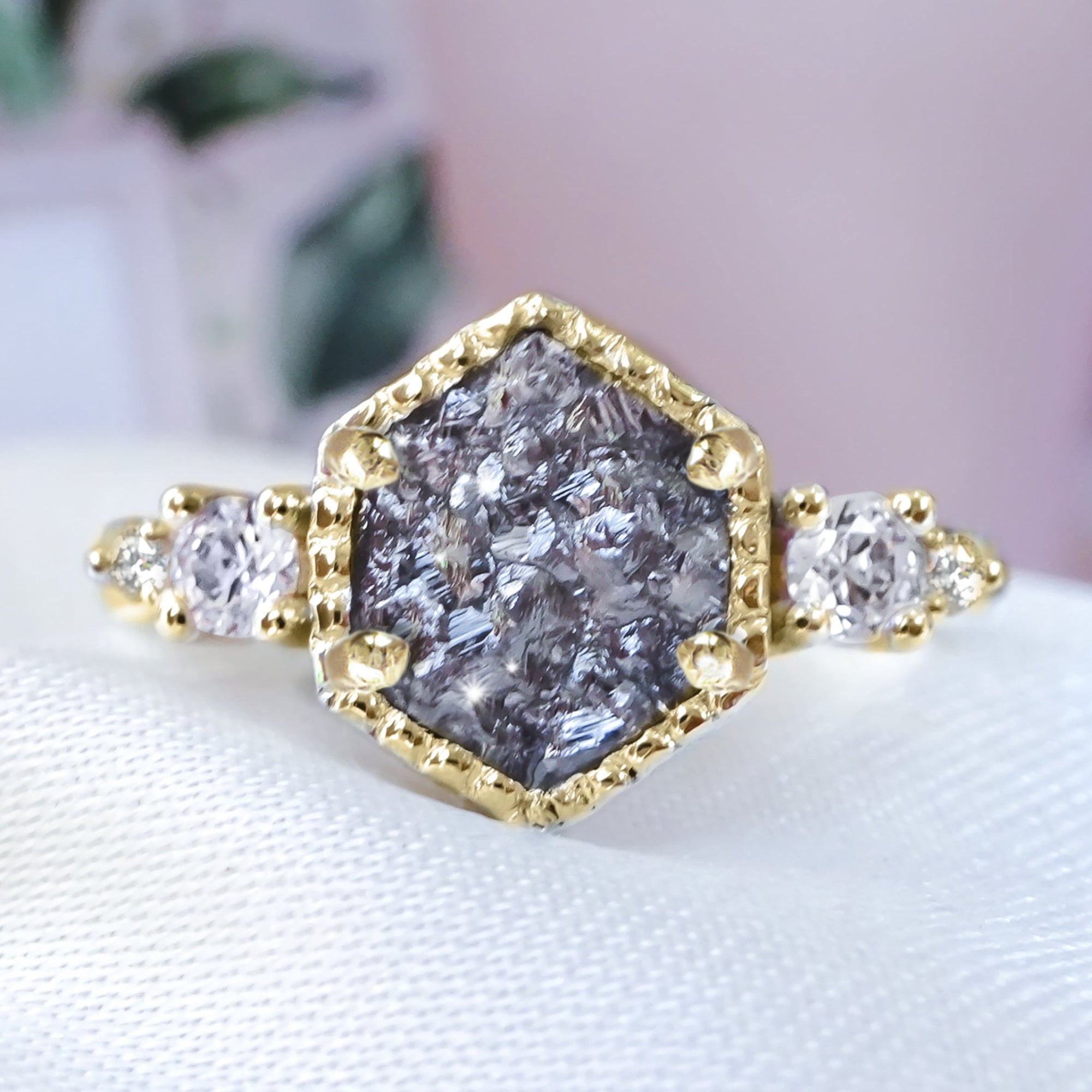 Hexagon Natural Rock Diamond Unique Engagement ring in soild 9ct/ 14ct/ 18ct Gold