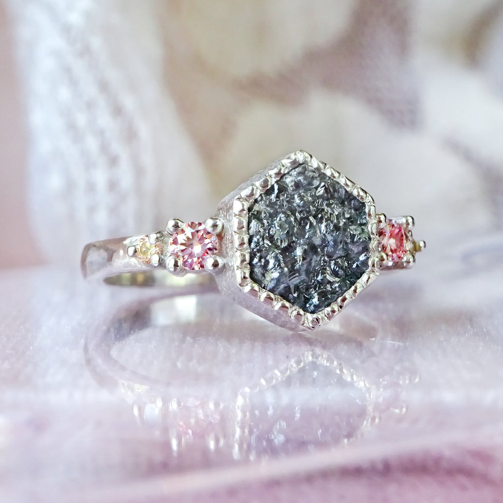 Natural Hexagon Rock Diamond Unique Engagement ring in 9ct White gold. - Bijoux de Chagall