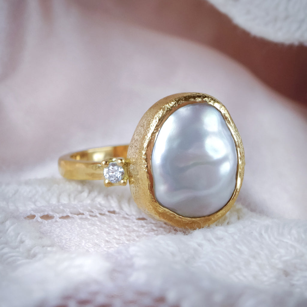 Luminous Keshi Pearl Diamond Engagement ring in 9ct / 18ct Gold - Bijoux de Chagall