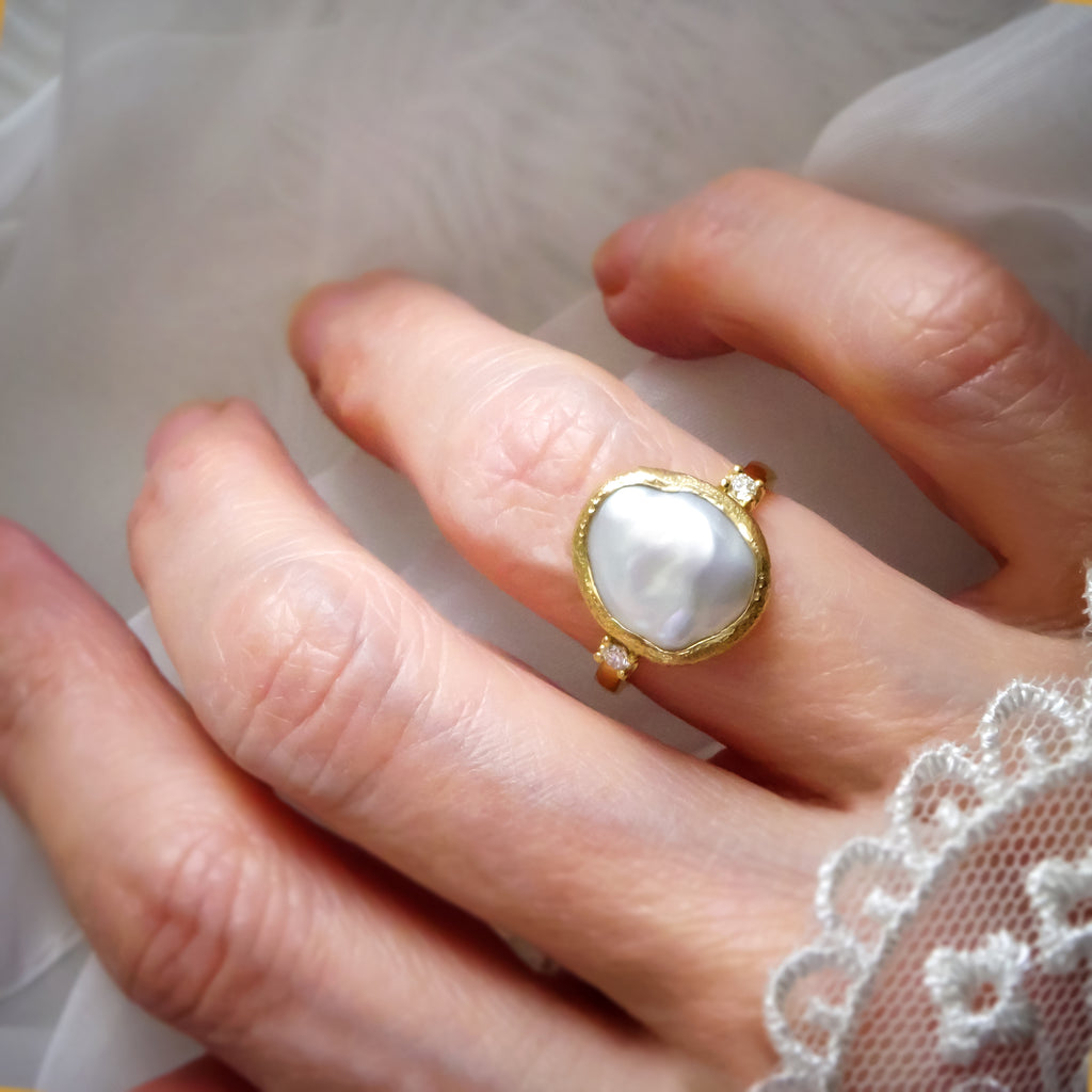 Luminous Keshi Pearl Diamond Engagement ring in 9ct / 18ct Gold - Bijoux de Chagall