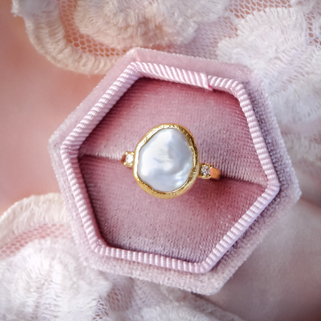 Luminous Keshi Pearl Diamond Engagement ring in 9ct / 18ct Gold - Bijoux de Chagall