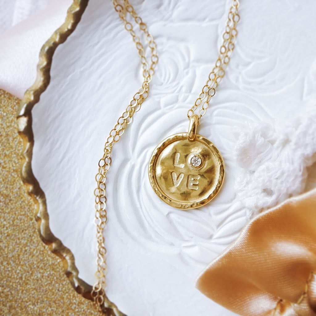 Handcrafted "Love" Diamond solid Gold Coin Pendant Necklace. - Bijoux de Chagall