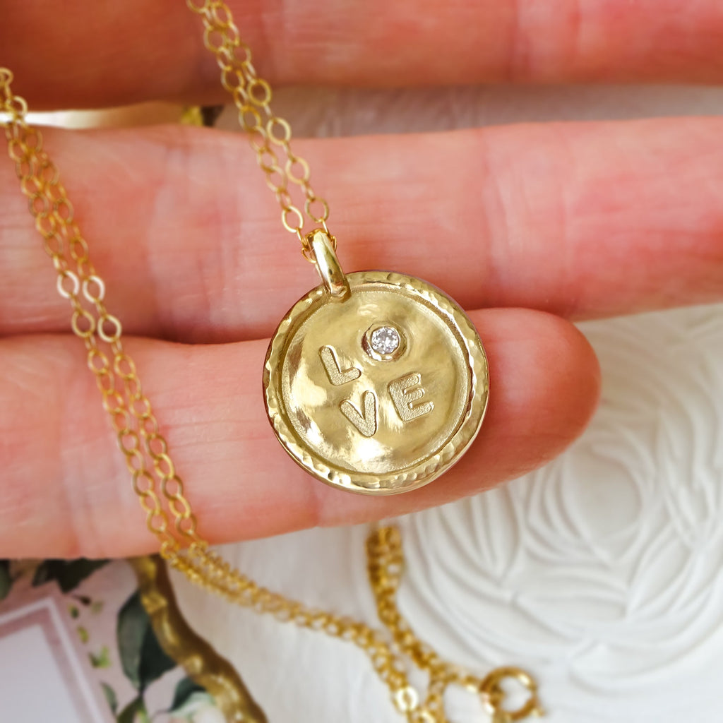 Handcrafted "Love" Diamond solid 9ct Gold Coin Pendant Necklace. - Bijoux de Chagall