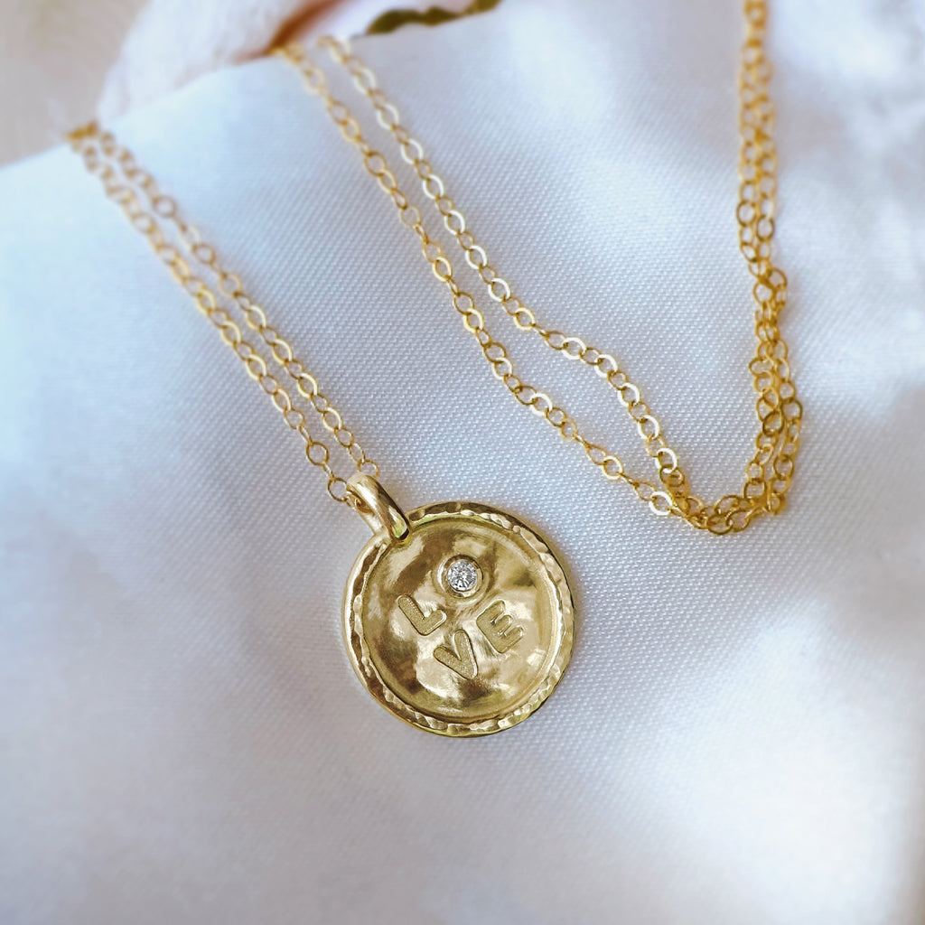 Handcrafted "Love" Diamond solid Gold Coin Pendant Necklace. - Bijoux de Chagall