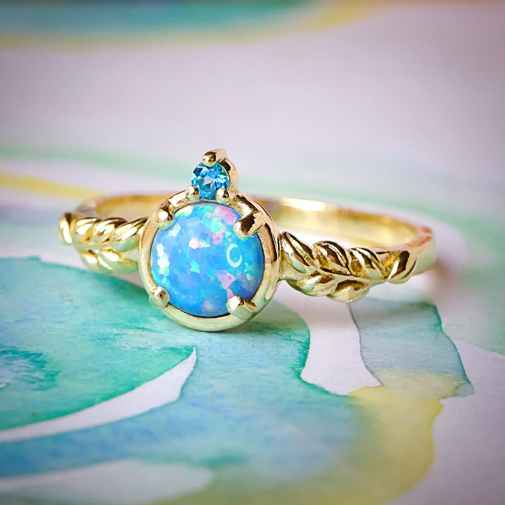 Little Earth Dreamy Blue Opal Diamond Floral Engagement Ring in 9ct / 14ct /18ct Gold Rings Bijoux de Chagall