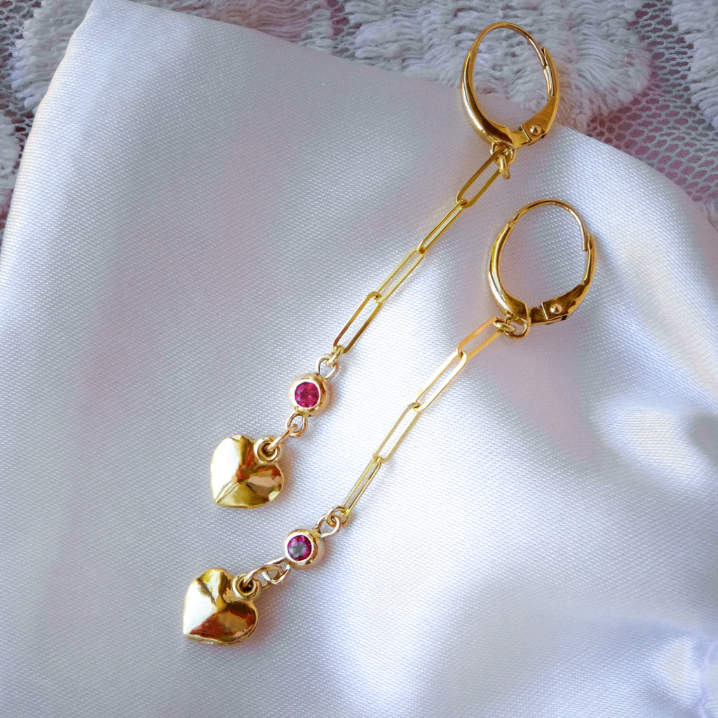 Cute Ruby Gold Heart Paperclip Chain dangle Earrings in 9ct / 14ct Gold - Bijoux de Chagall