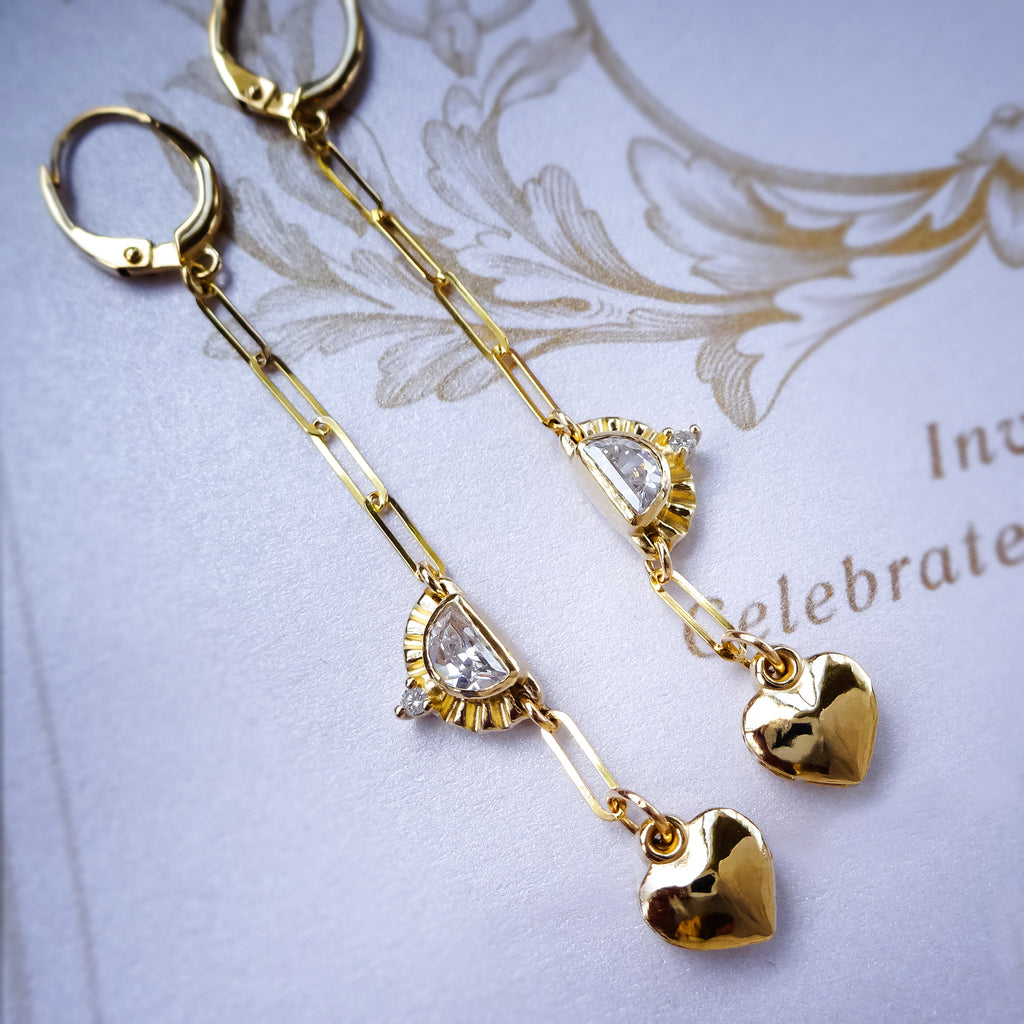 Gold Sun & Moon Diamond Heart dangle Earrings in solid 9ct / 14ct Gold Earrings Bijoux de Chagall