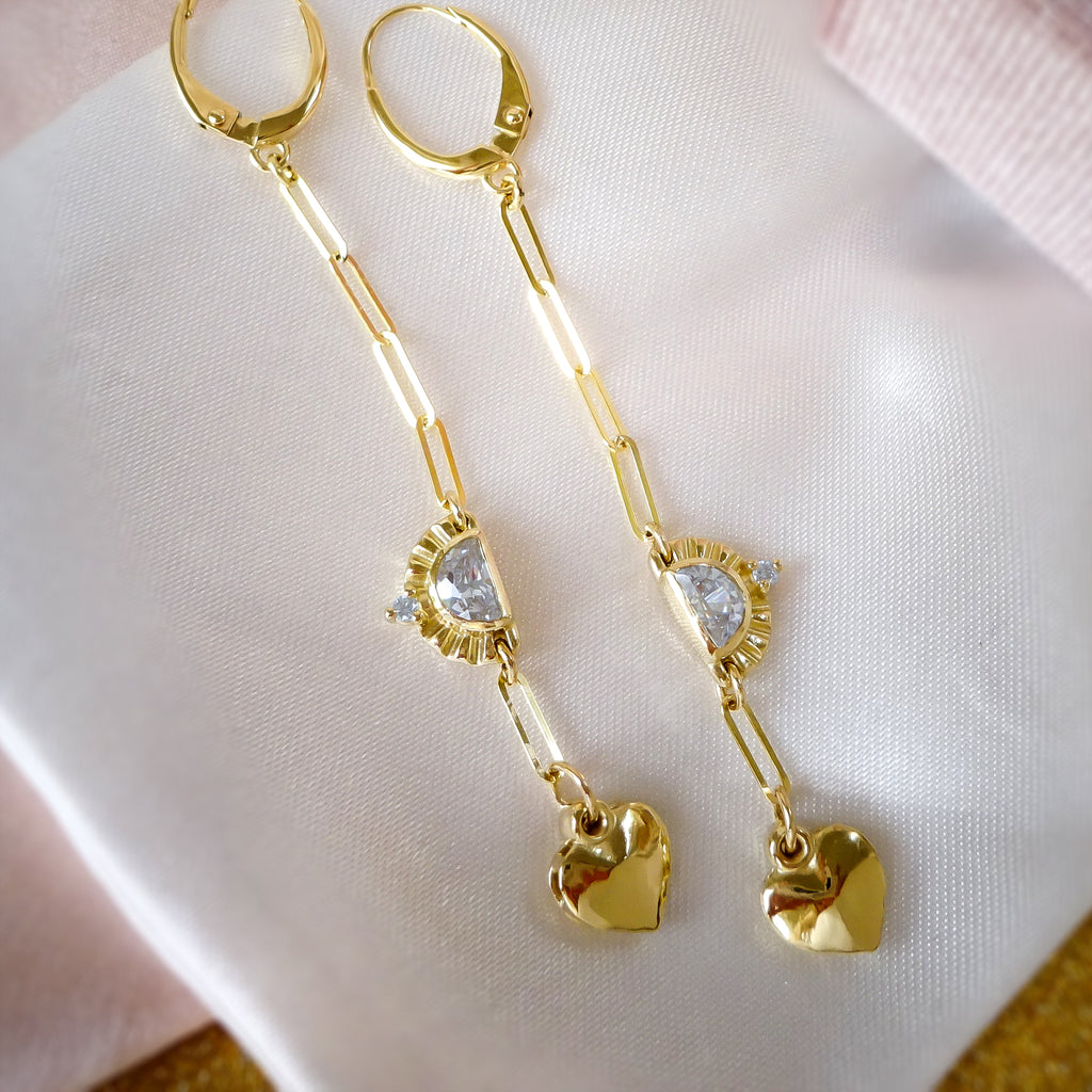Gold Sun & Moon Diamond Heart dangle Earrings in solid 9ct / 14ct Gold Earrings Bijoux de Chagall