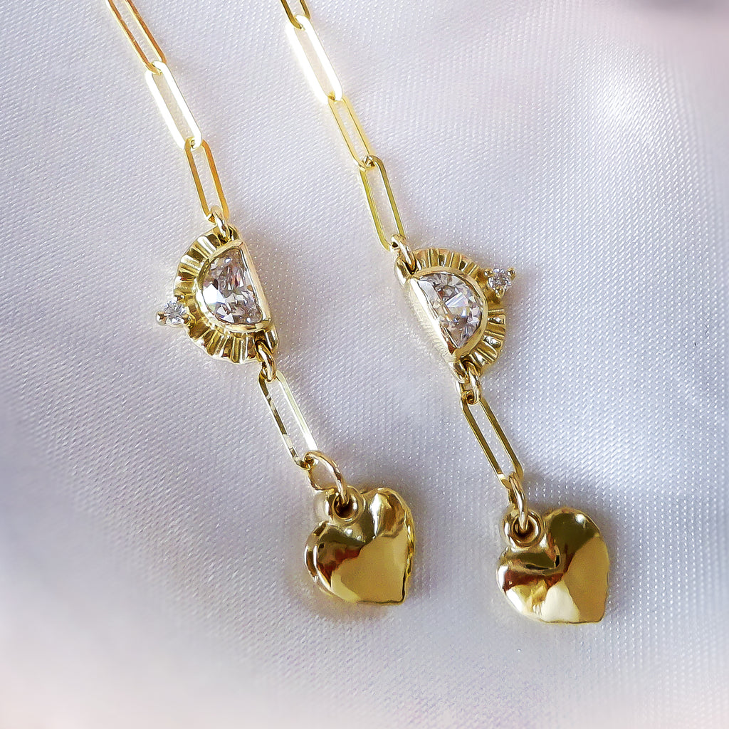 Gold Sun & Moon Diamond Heart dangle Earrings in solid 9ct / 14ct Gold Earrings Bijoux de Chagall