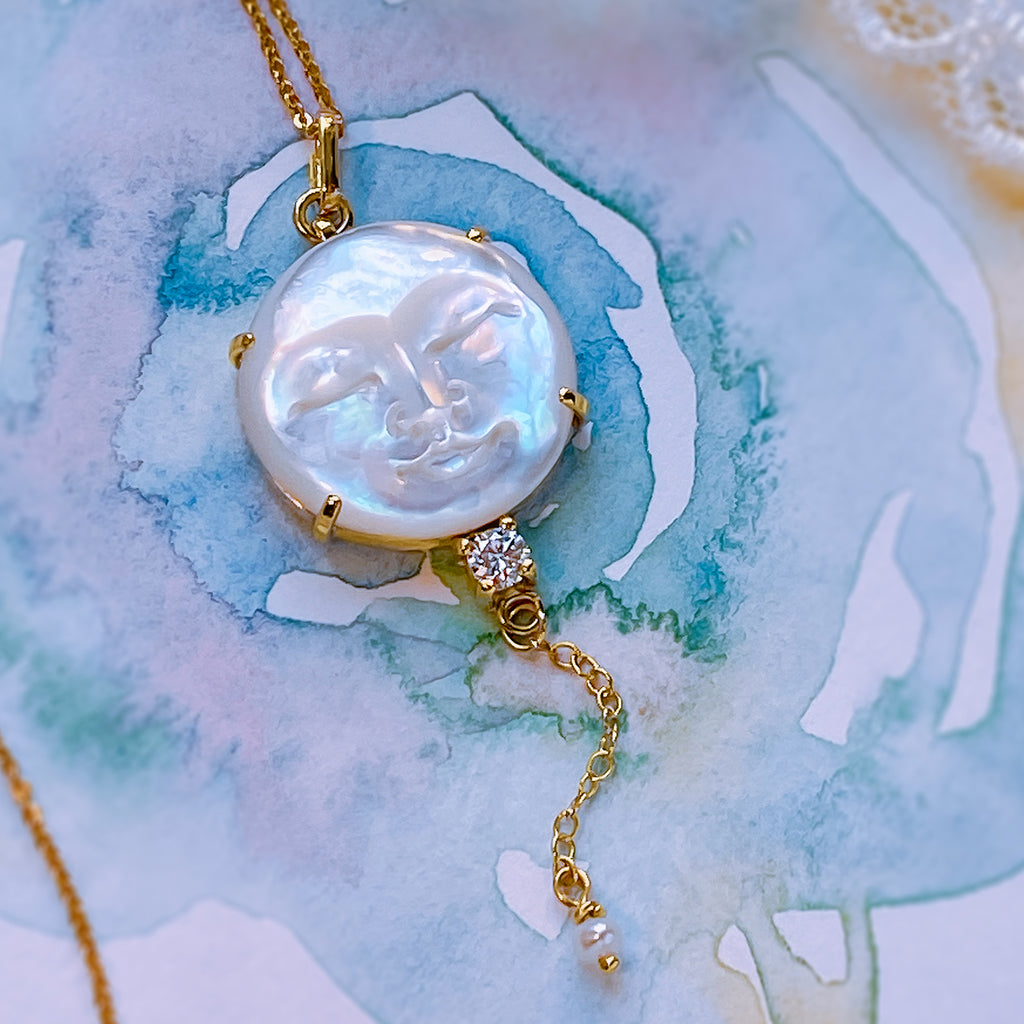 Art Deco Handcrafted Pearl Moon Diamond Pendant Necklace in 9ct / 18ct Gold - Bijoux de Chagall