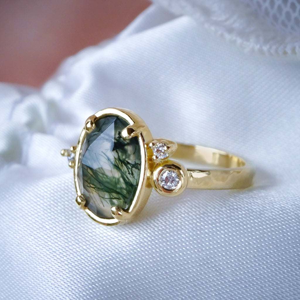 Fairytale Moss Agate Diamond Cluster Unique Engagement ring in 9ct / 18ct Gold - Bijoux de Chagall