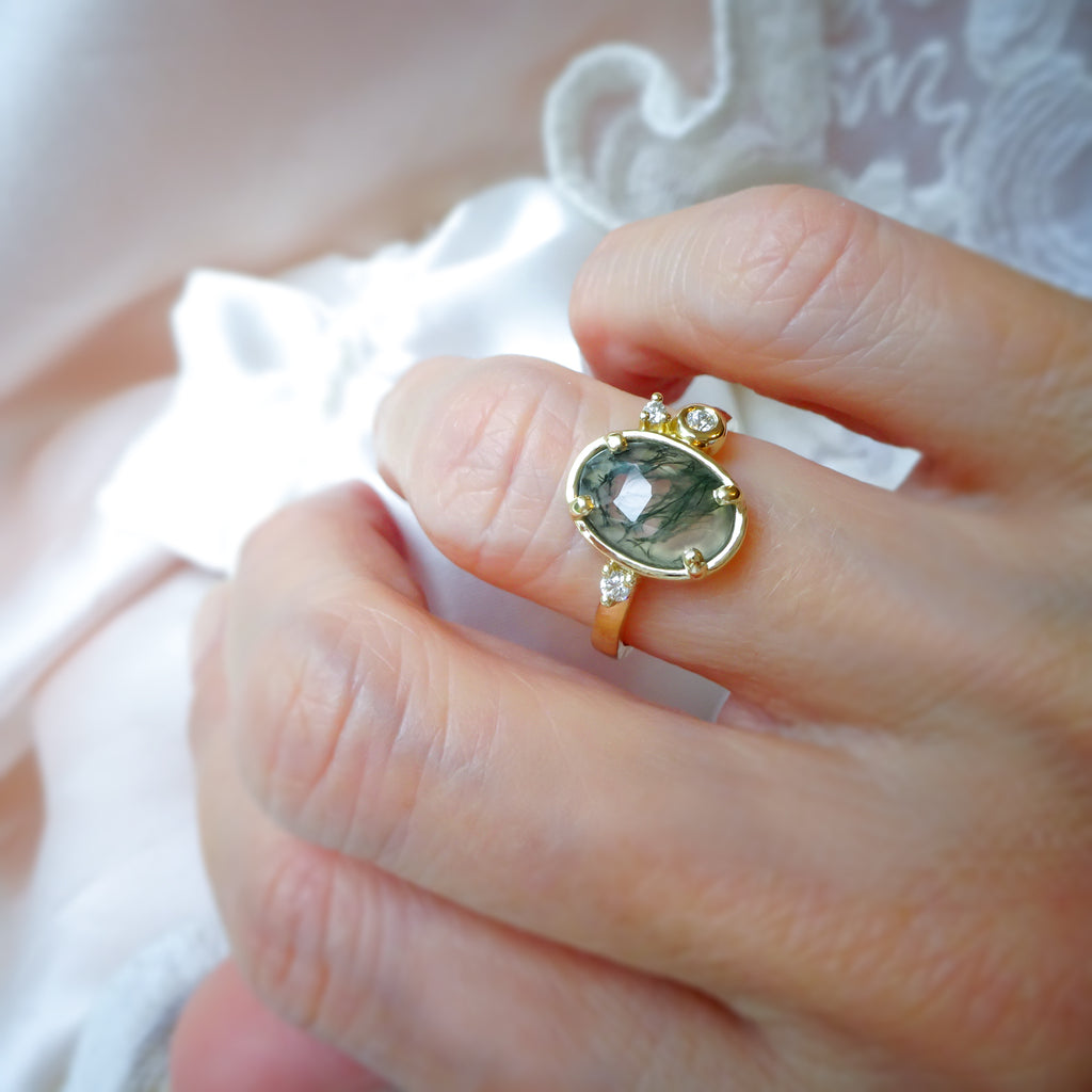 Fairytale Moss Agate Diamond Cluster Unique Engagement ring in 9ct / 18ct Gold - Bijoux de Chagall