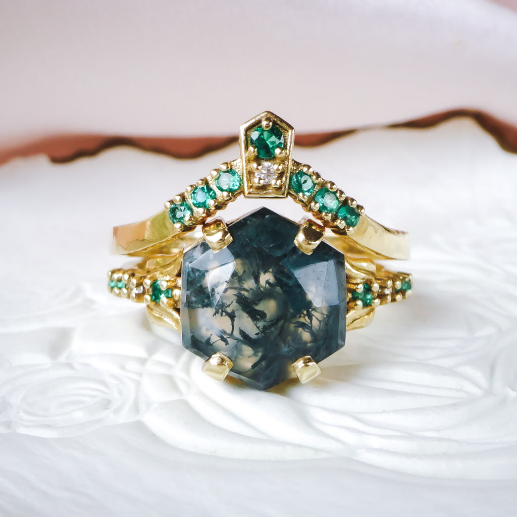 Hexagon Moss Agate Leaf Engagement ring with Emeralds & Diamonds in 9ct Gold - Bijoux de Chagall