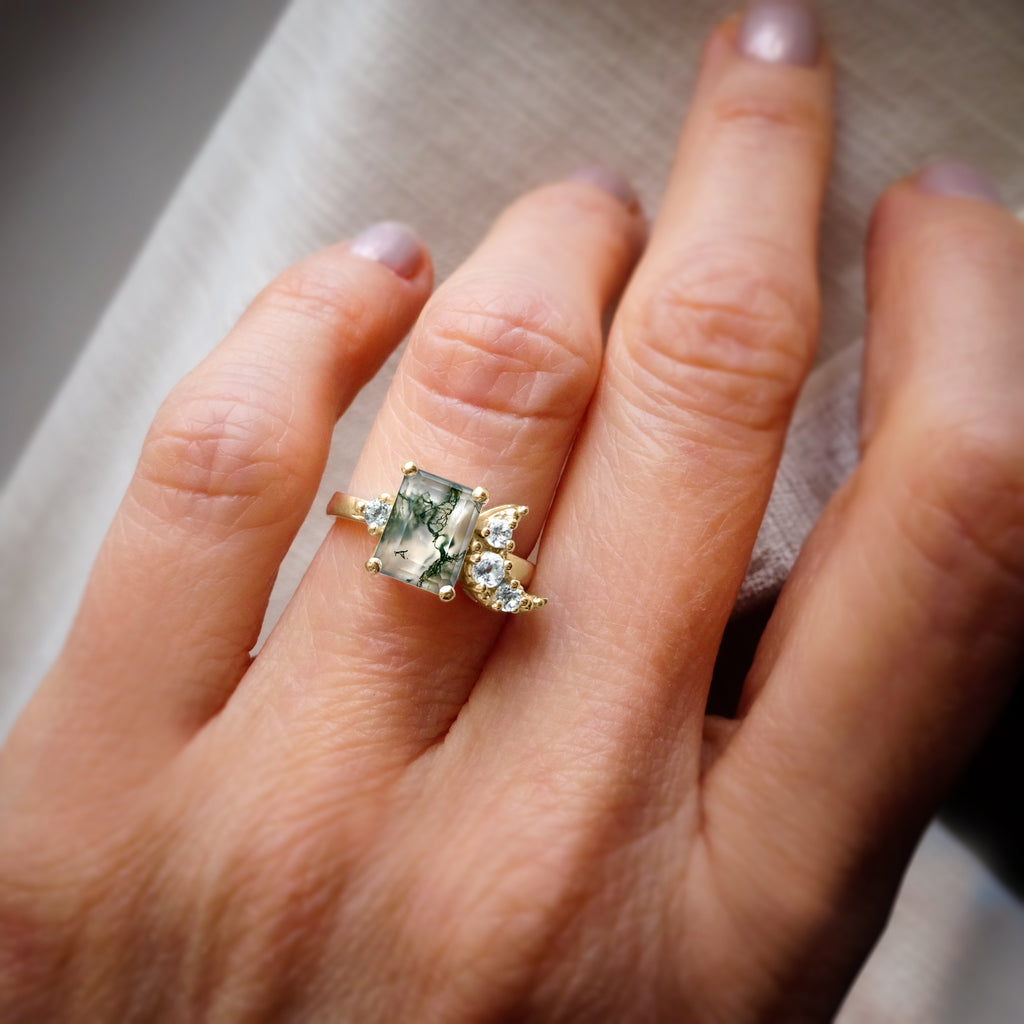 Forest Moon Moss Agate Diamond Engagement ring in 9ct / 18ct Gold - Bijoux de Chagall