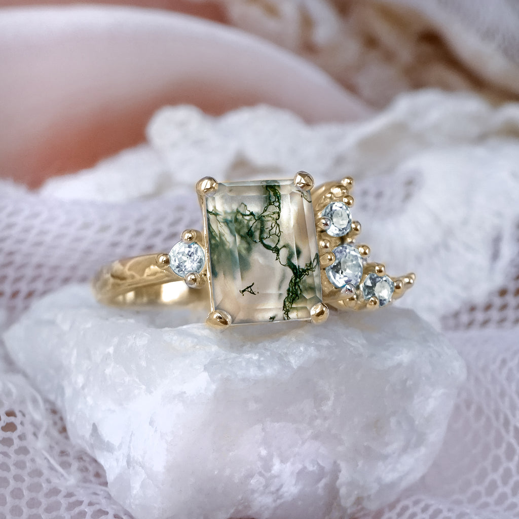 Forest Moon Moss Agate Diamond Engagement ring in 9ct / 18ct Gold - Bijoux de Chagall