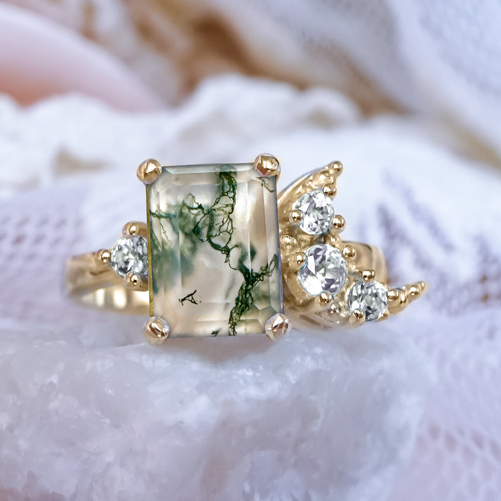 Forest Moon Moss Agate Diamond Engagement ring in 9ct / 18ct Gold - Bijoux de Chagall