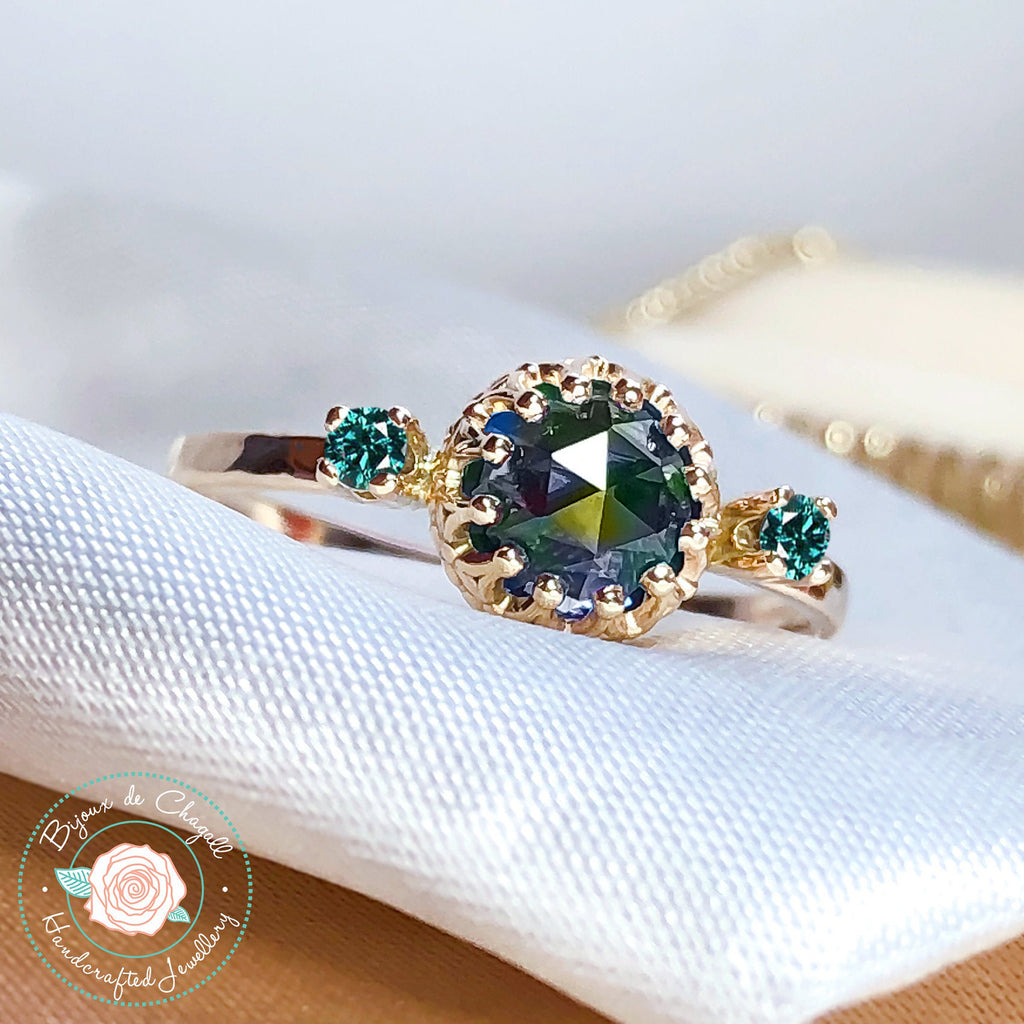 Magnificent Moissanite & Teal Diamond Engagement ring in 9ct/ 18ct Gold - Bijoux de Chagall