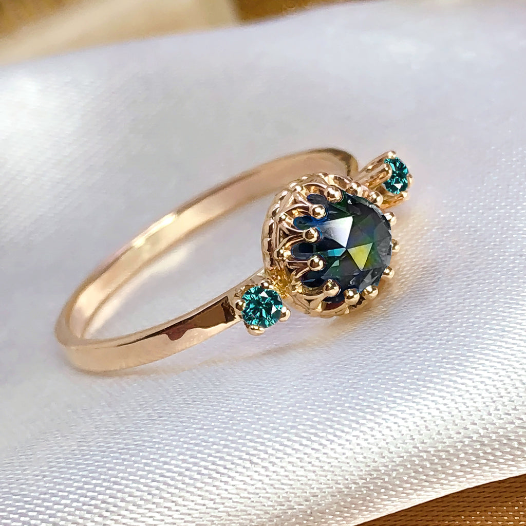 Magnificent Moissanite & Teal Diamond Engagement ring in 9ct/ 18ct Gold - Bijoux de Chagall