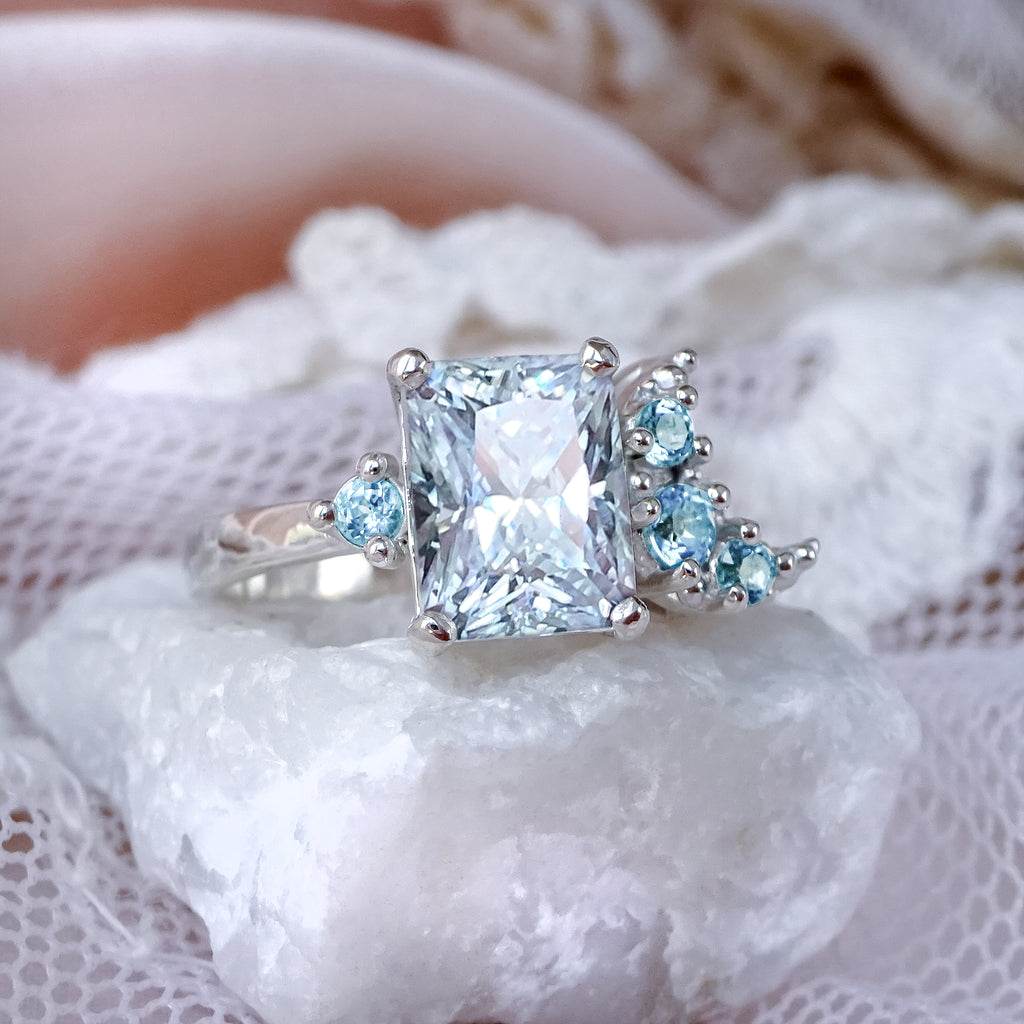 Moonlight Moissanite Diamond Engagement ring in 9ct White Gold or Silver - Bijoux de Chagall