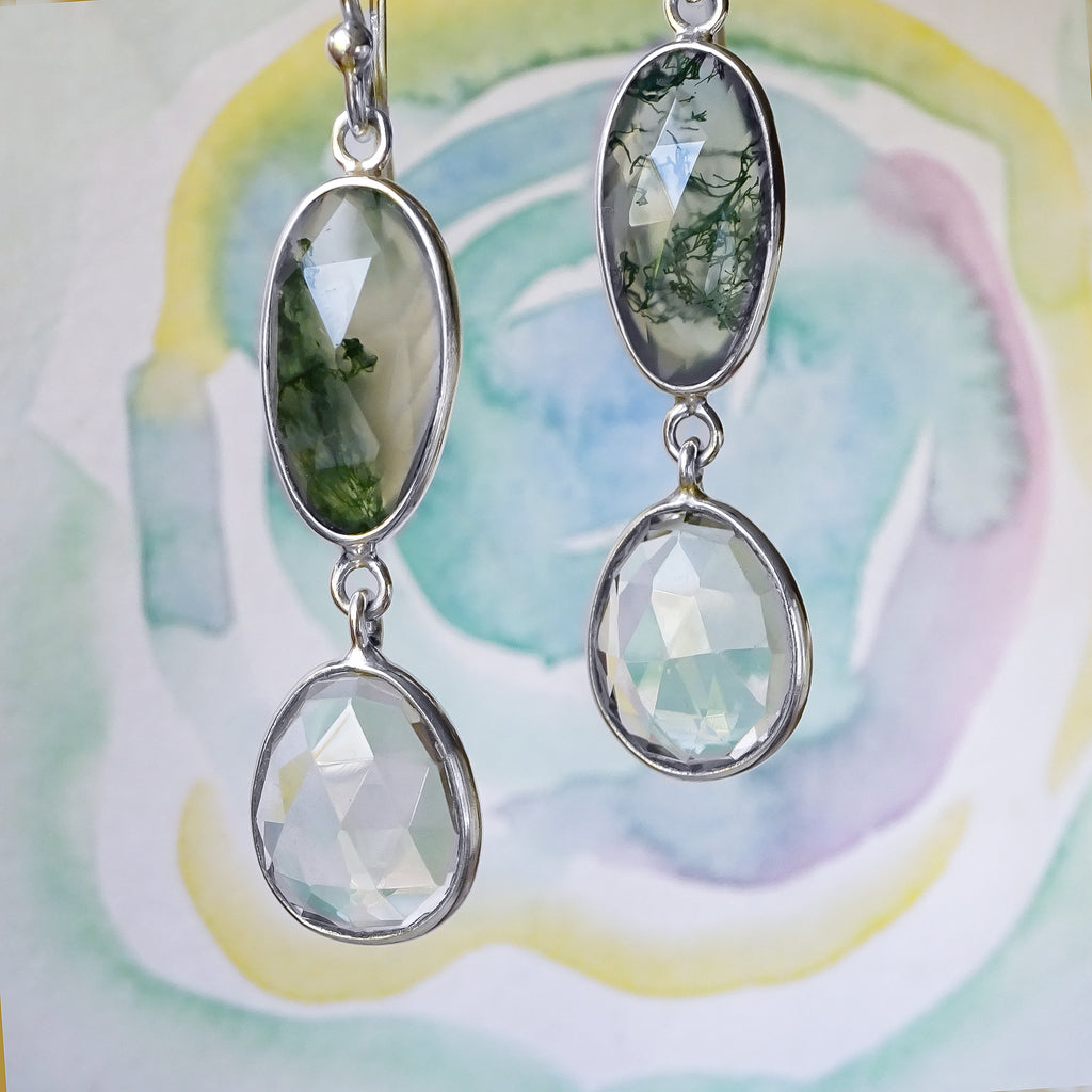 Natural Green Moss Agate & Amethyst Dangle Drop Earrings in 925 Silver - Bijoux de Chagall