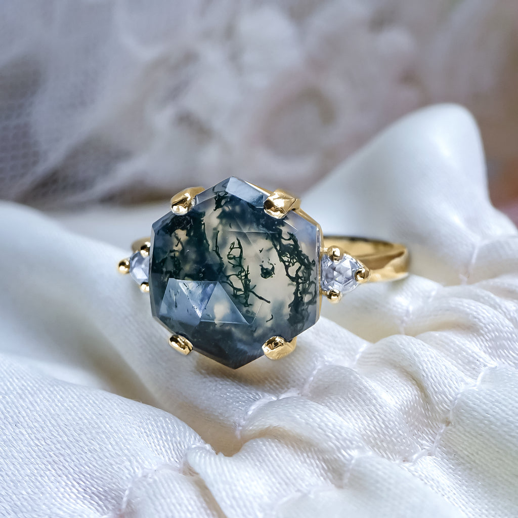 Natural Hexagon Moss Agate Diamond Unique Engagement ring in 9ct / 18ct Gold - Bijoux de Chagall