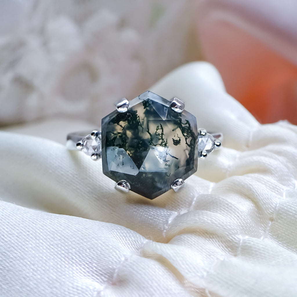 Magic Nature Hexagon Moss Agate Diamond Engagement ring in 9ct White Gold. - Bijoux de Chagall