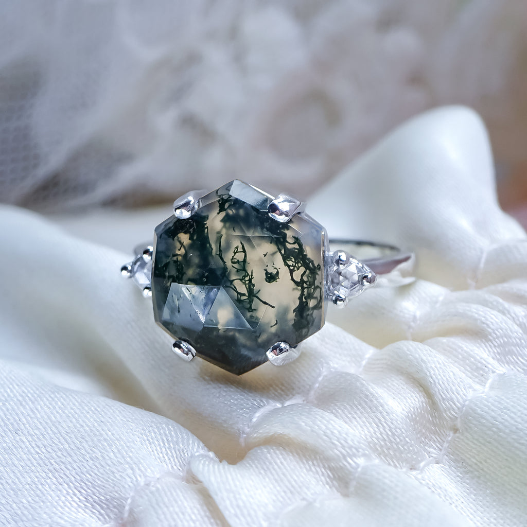 Magic Nature Hexagon Moss Agate Diamond Engagement ring in 9ct White Gold. - Bijoux de Chagall