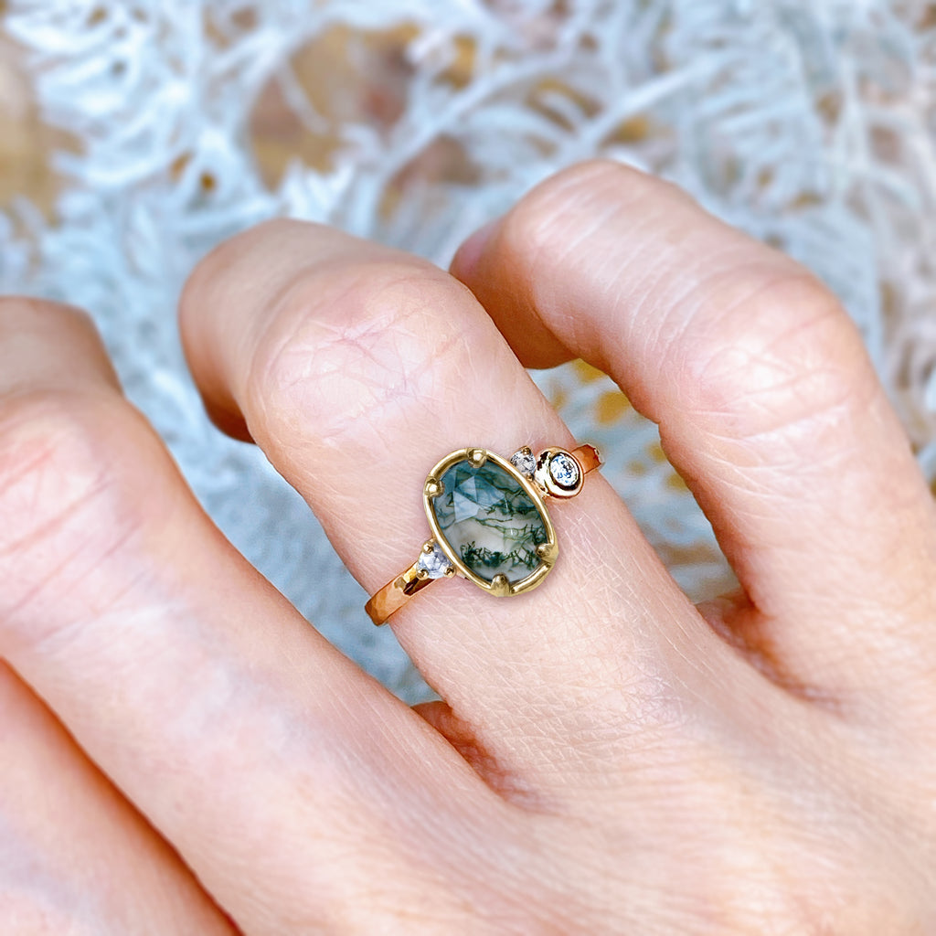 Fairytale Moss Agate Diamond Cluster Unique Engagement ring in 9ct / 18ct Gold - Bijoux de Chagall