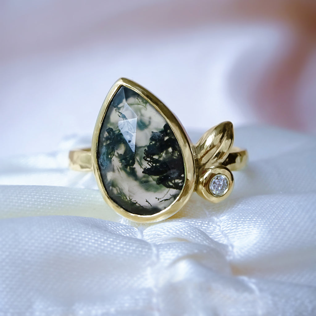 Pear Moss Agate Leaf & Diamond Unique Engagement ring in 9ct / 18ct Gold - Bijoux de Chagall