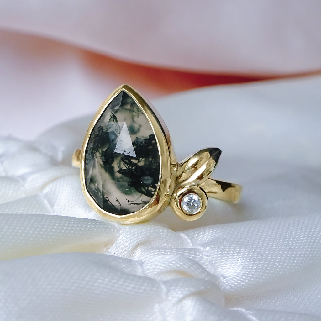 Pear Moss Agate Leaf & Diamond Unique Engagement ring in 9ct / 18ct Gold - Bijoux de Chagall