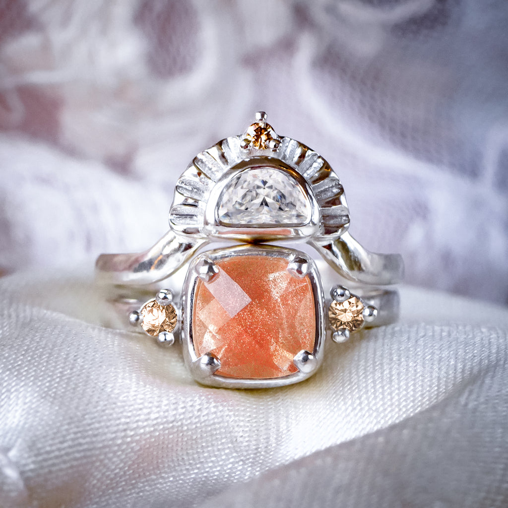 Sunrise Oregon Sunstone Diamond Bridal Ring set in 9ct/18ct White Gold or Silver - Bijoux de Chagall