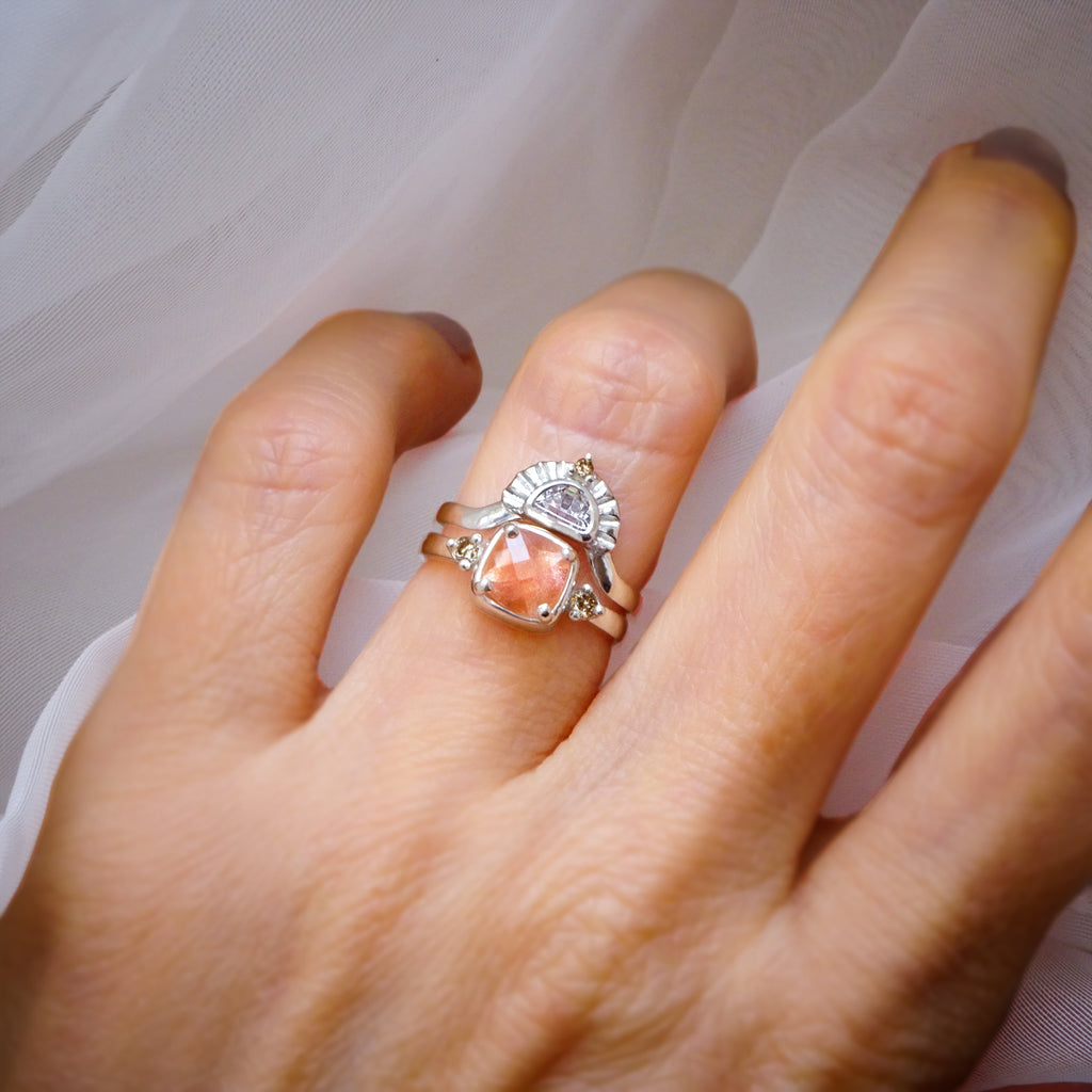Sunrise Oregon Sunstone Diamond Bridal Ring set in 9ct/18ct White Gold or Silver - Bijoux de Chagall