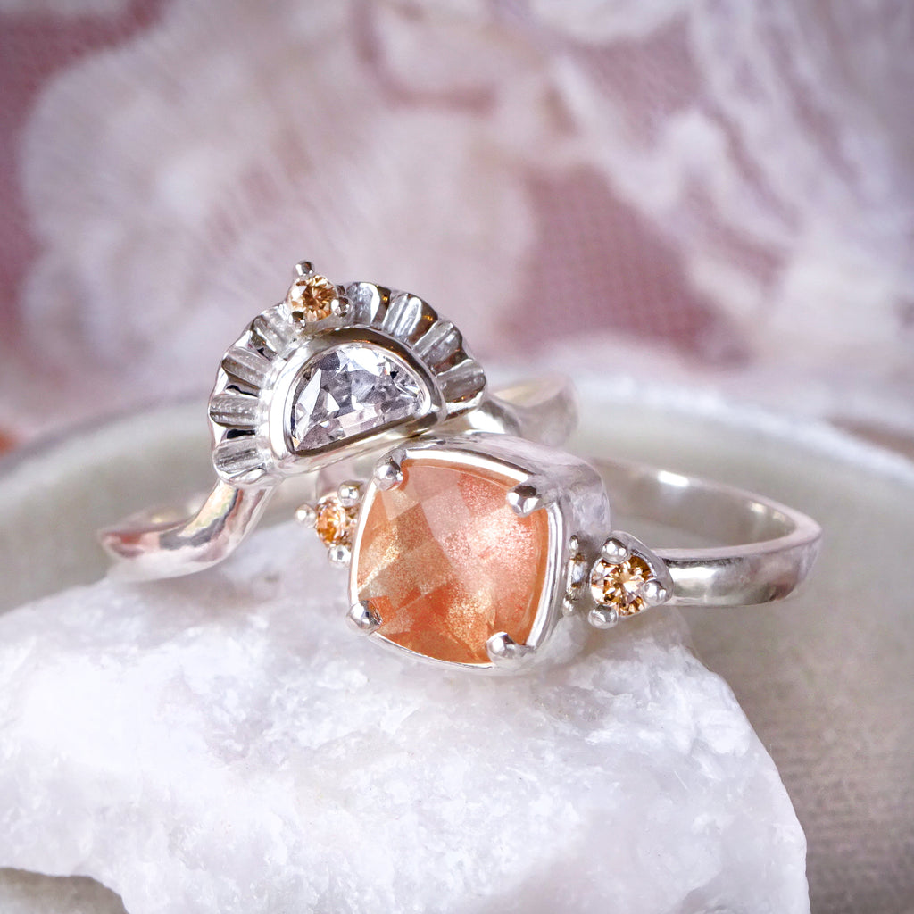Shimmering Oregon Sunstone Diamond Engagement ring in 9ct / 18ct White Gold or Silver - Bijoux de Chagall