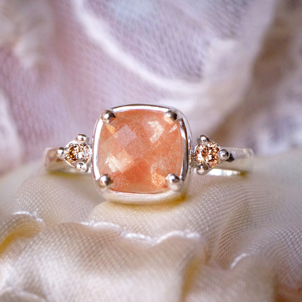 Shimmering Oregon Sunstone Diamond Engagement ring in 9ct / 18ct White Gold or Silver - Bijoux de Chagall