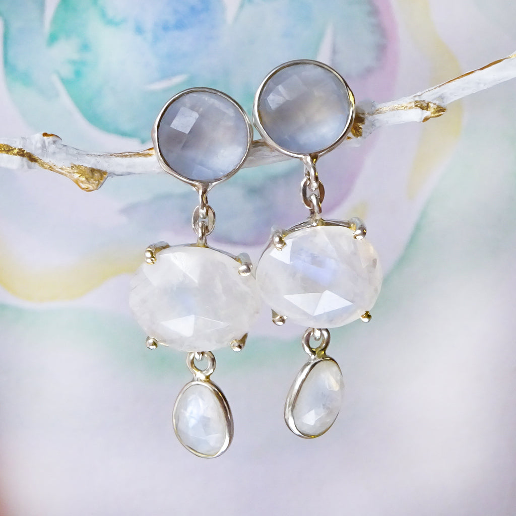 Luminous Moonstone & Blue Chalcedony Dangle Stud earrings in Sterling Silver - Bijoux de Chagall