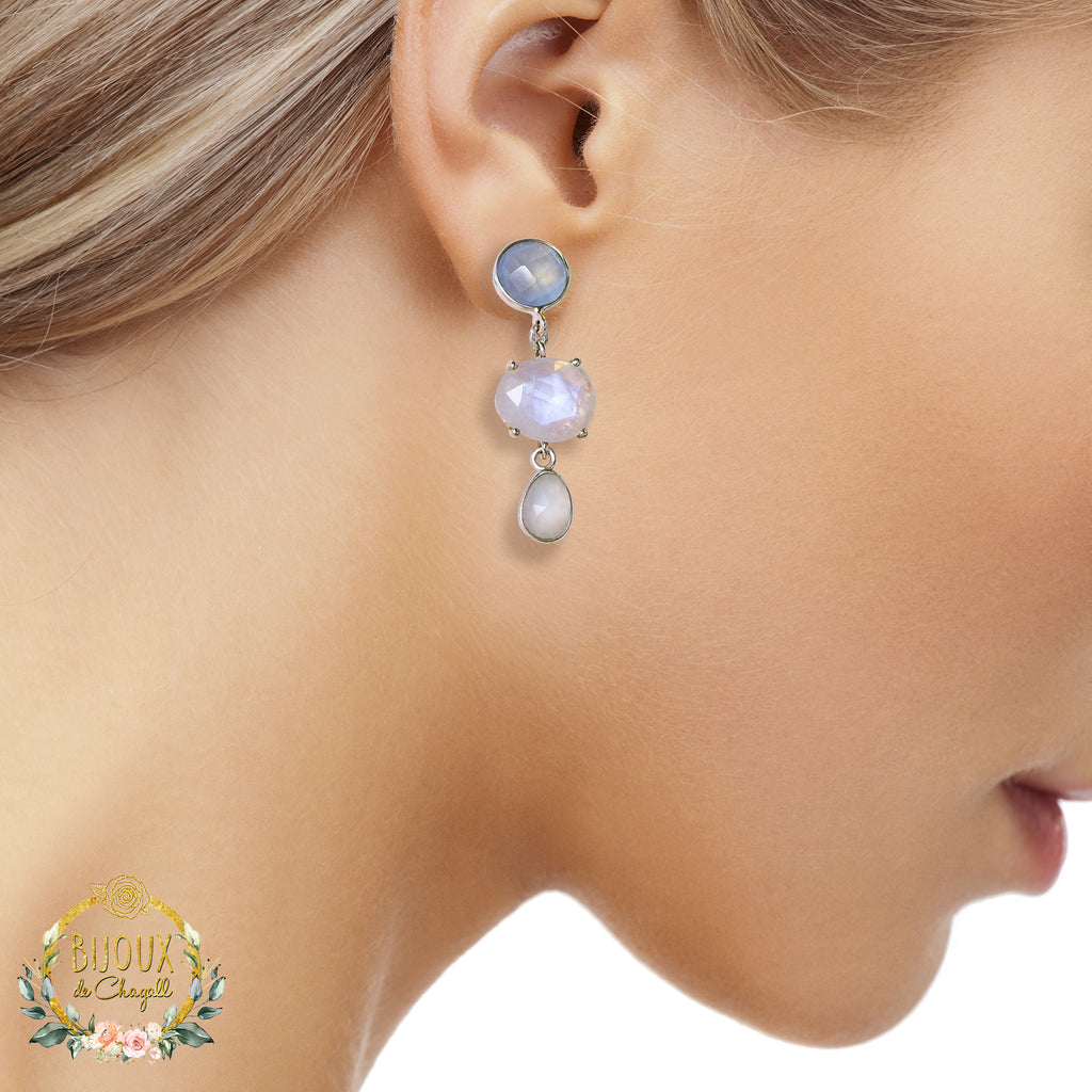 Luminous Moonstone & Blue Chalcedony Dangle Stud earrings in Sterling Silver - Bijoux de Chagall