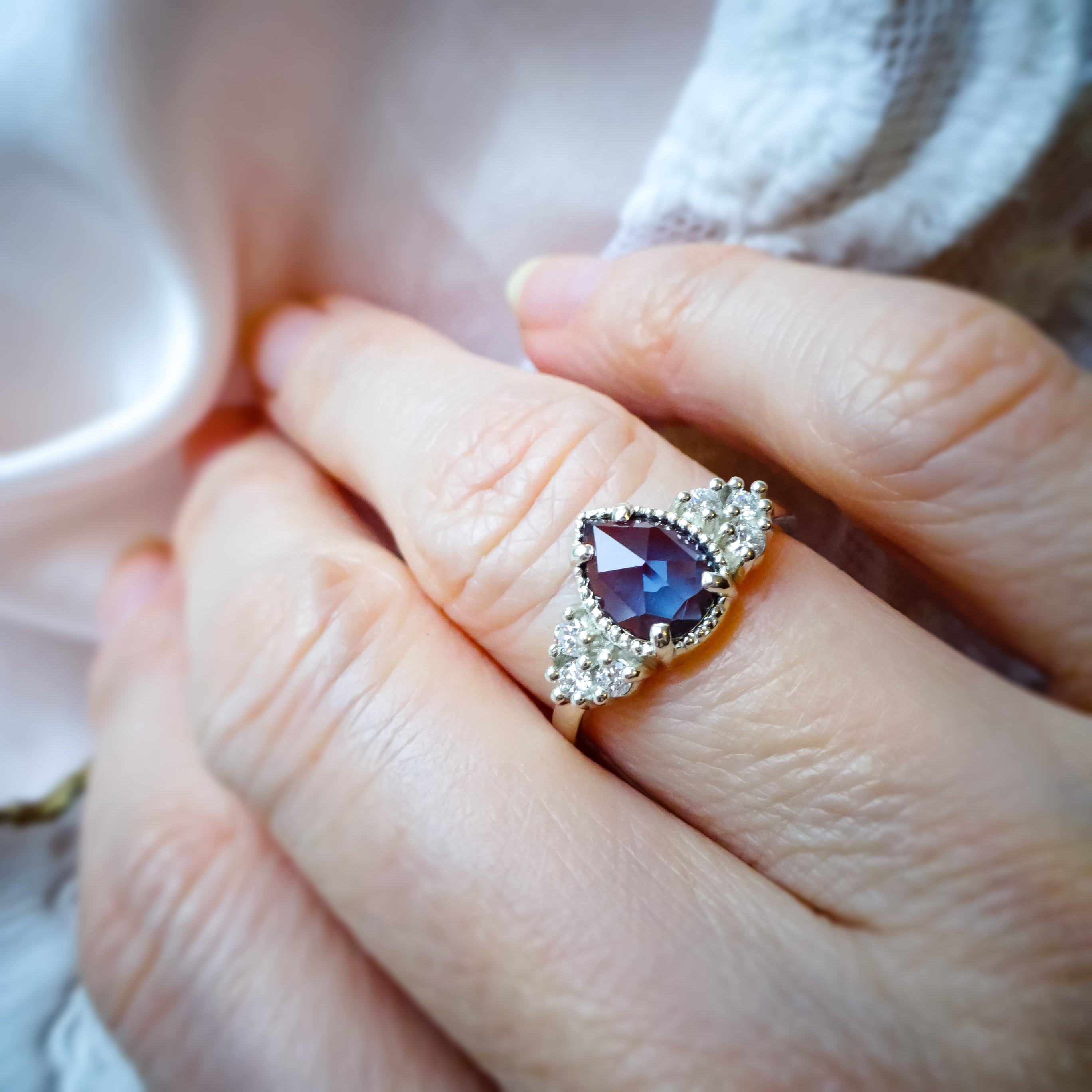 Mesmerising Pear Alexandrite Diamond Cluster Engagement ring in