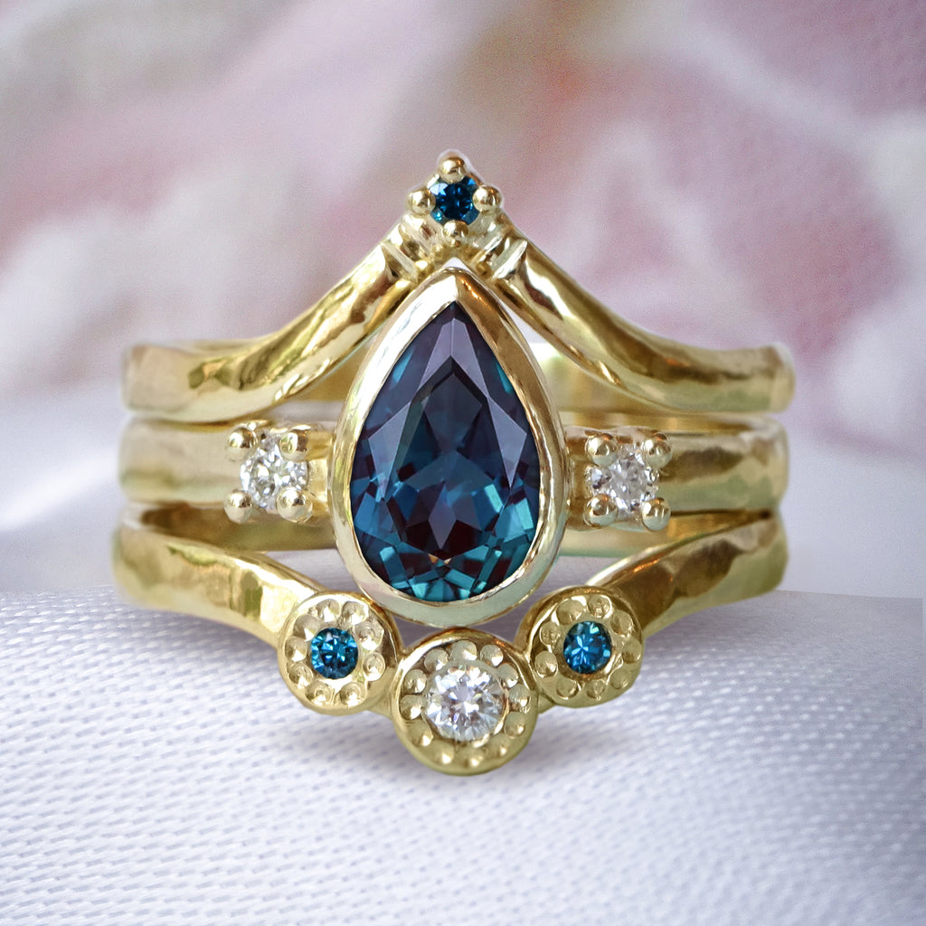 Ethereal Pear Alexandrite Diamond Bridal Wedding Ring set in 9ct Gold Rings Bijoux de Chagall