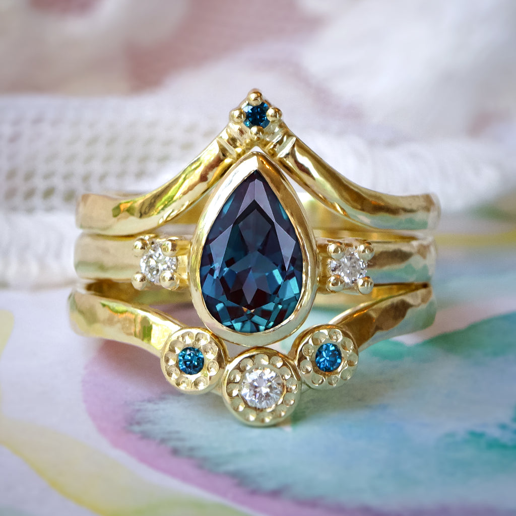 Ethereal Pear Alexandrite Diamond Bridal Wedding Ring set in 9ct Gold Rings Bijoux de Chagall