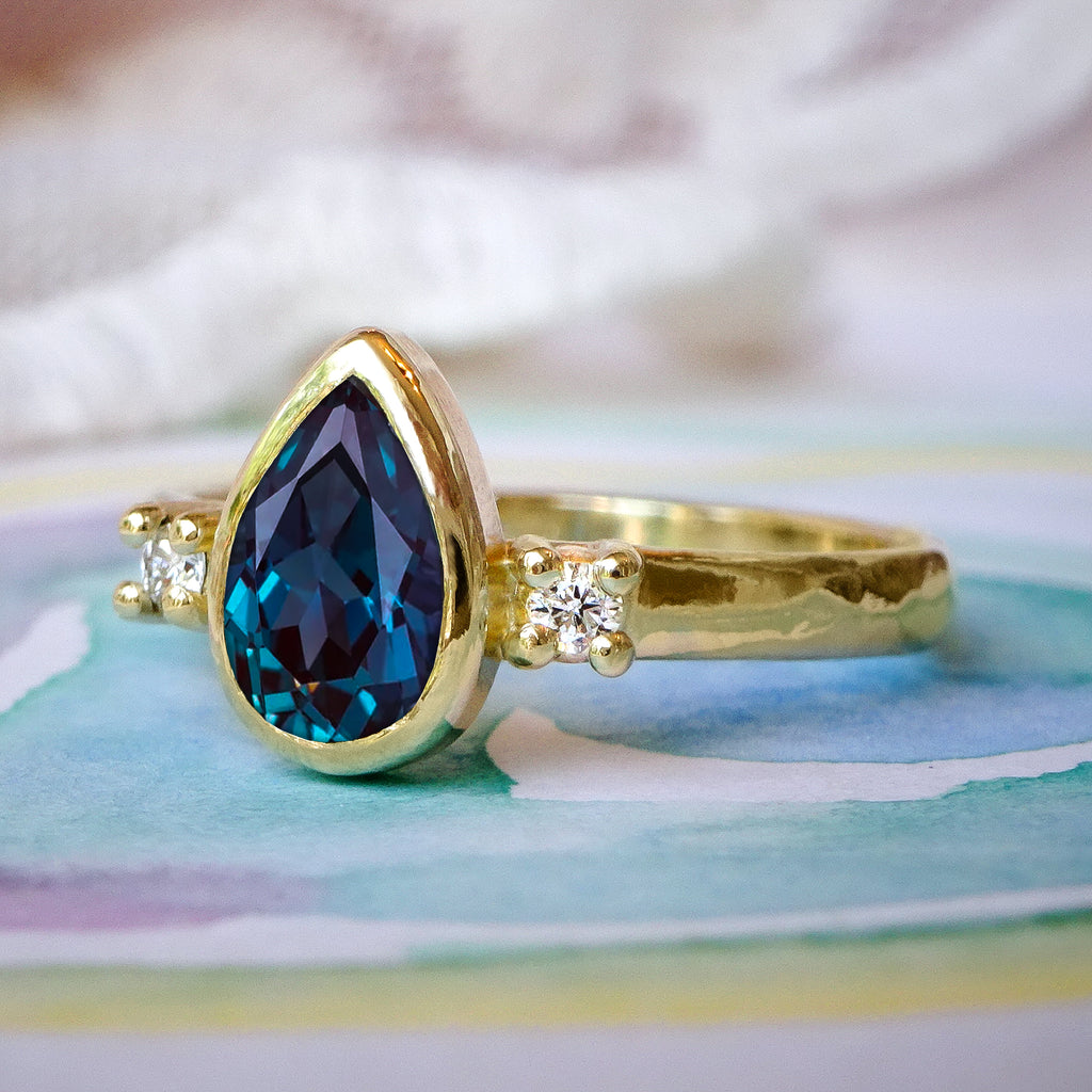 Ethereal Pear Alexandrite Diamond Bridal Wedding Ring set in 9ct Gold Rings Bijoux de Chagall